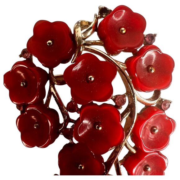 Vintage Arthur Pepper ART Red Enamel Floral Brooch Pin Gold Tone Metal Jewelry - Picture 4 of 8